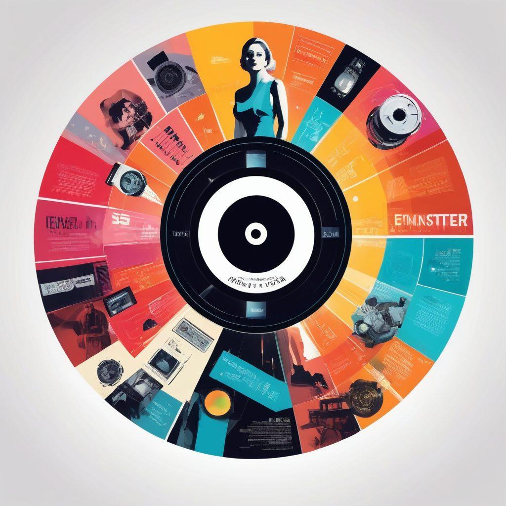 A dynamic collage representing the evolution of the adult industry, featuring contrasting elements like a vintage movie reel merging into a modern digital screen, symbols of empowerment and consent, and rising statistics in a visually engaging format. Use bold colors and artistic icons to symbolize innovation and change, while integrating diverse silhouettes representing various communities. vector art. vibrant colors. white background.